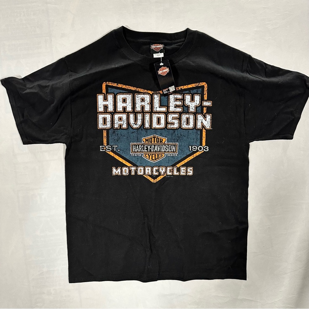 Harley-Davidson Black and Orange Logo Tee Mens Large